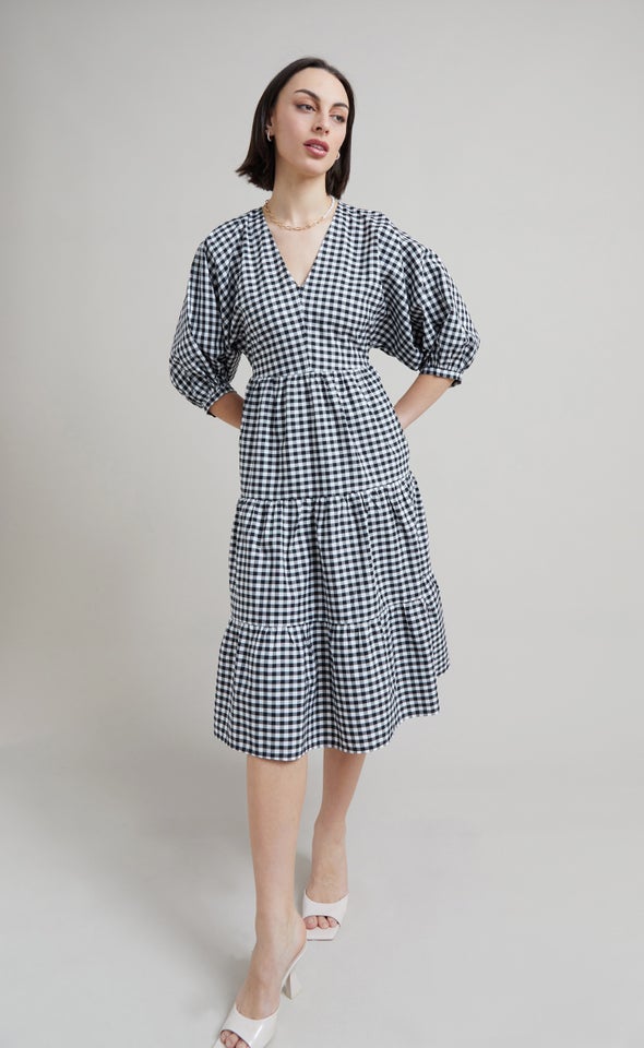 Gingham Poplin Panelled Midi Dress Black/cream