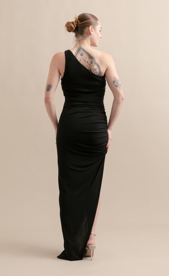 Glitter Knit Asymmetric Gown Black