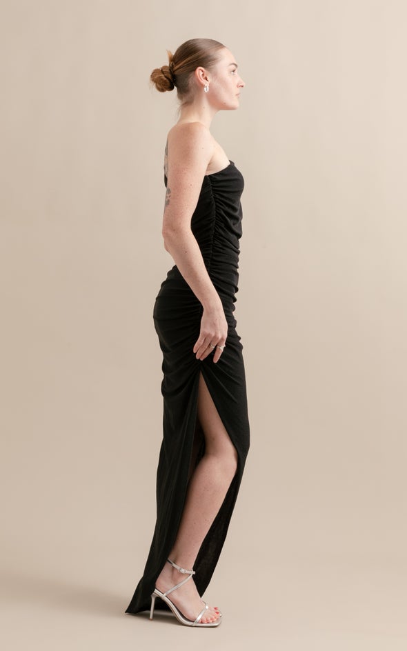 Glitter Knit Asymmetric Gown Black