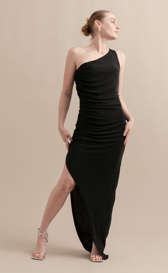 Glitter Knit Asymmetric Gown Black