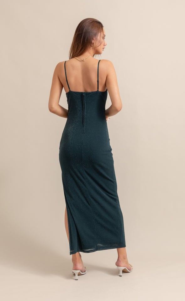 Glitter Knit Cowl Neck Gown Emerald