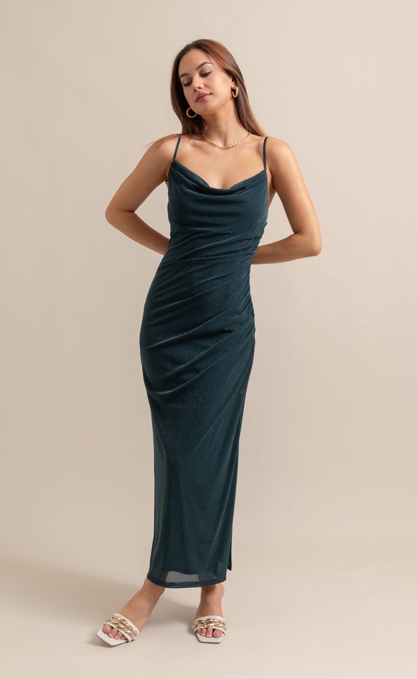 Glitter Knit Cowl Neck Gown Emerald
