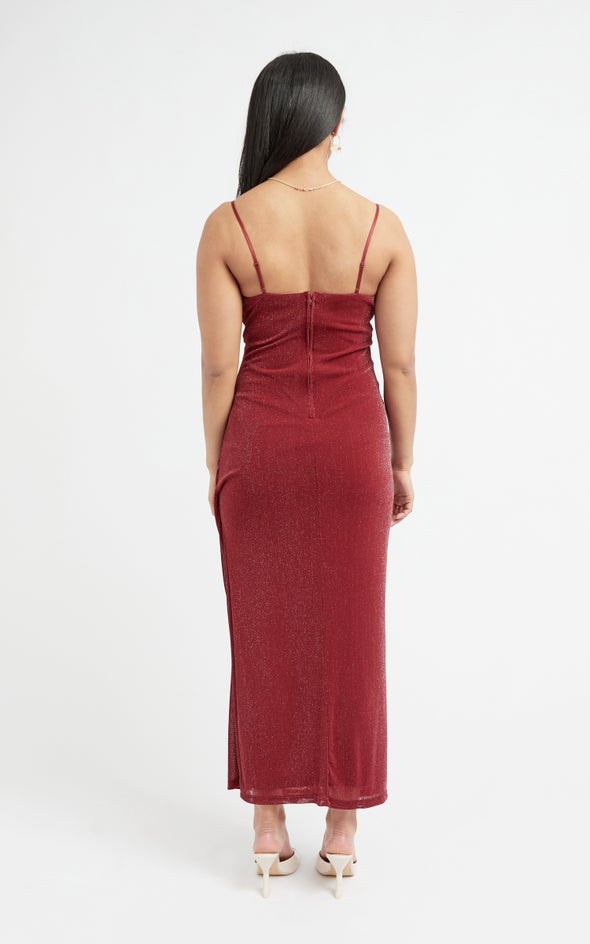 Glitter Knit Cowl Neck Gown Red Wine