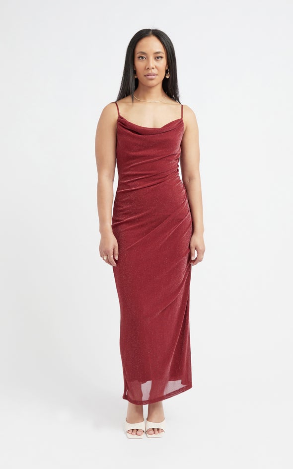 Glitter Knit Cowl Neck Gown Red Wine