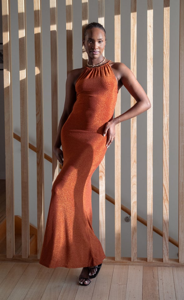 Glitter Knit Cutaway Gown Rust