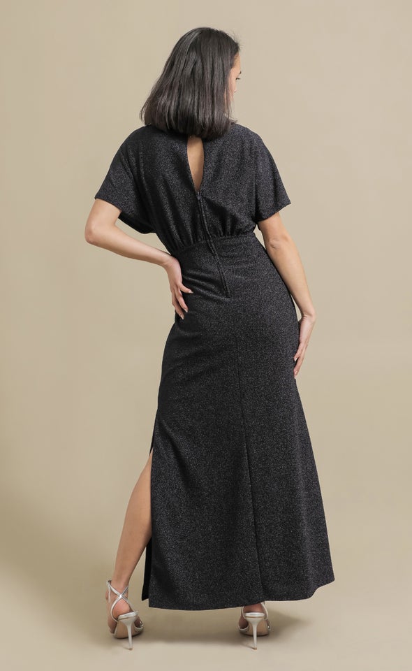 Glitter Knit Flutter Sleeve Gown Navy