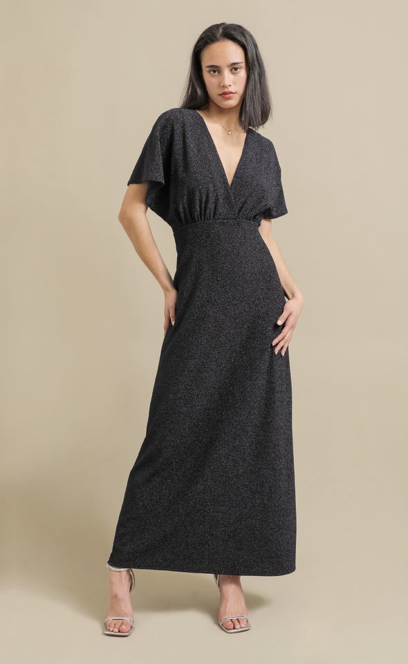 Glitter Knit Flutter Sleeve Gown Navy