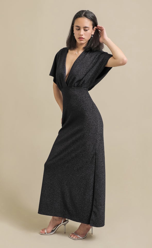 Glitter Knit Flutter Sleeve Gown Navy