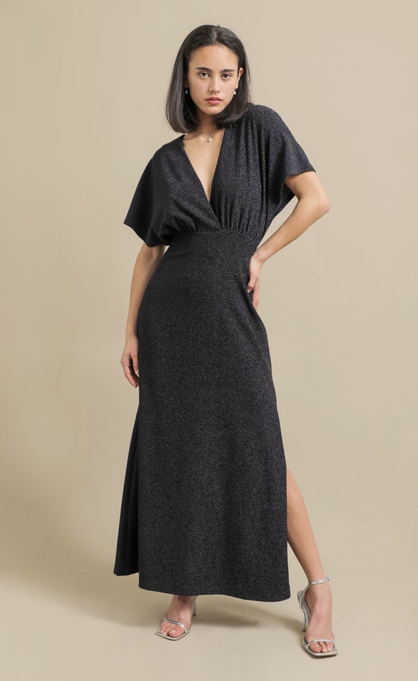 Glitter Knit Flutter Sleeve Gown Navy