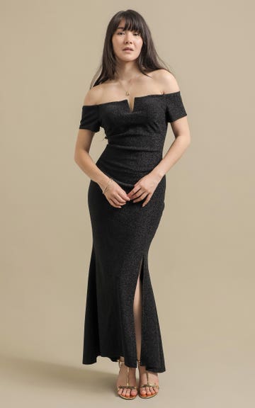 Shop our Glitter Knit Off The Shoulder Gown in Black | Pagani