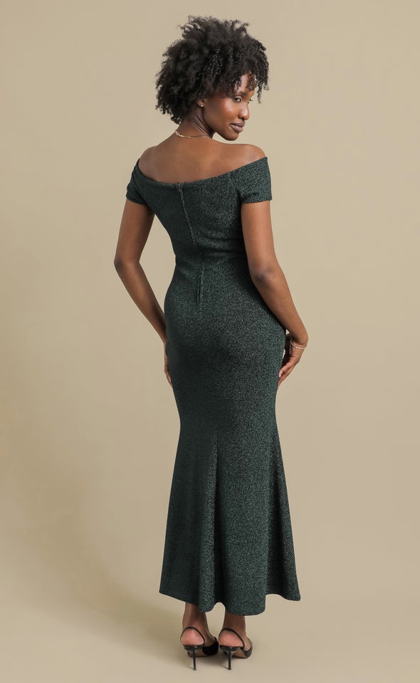 Glitter Knit Off The Shoulder Gown Forest Green