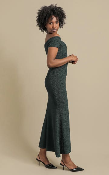 Shop our Glitter Knit Off The Shoulder Gown in Forest green | Pagani