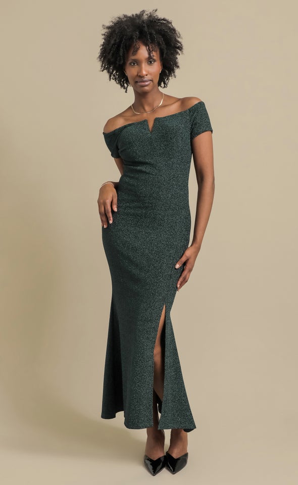 Glitter Knit Off The Shoulder Gown Forest Green
