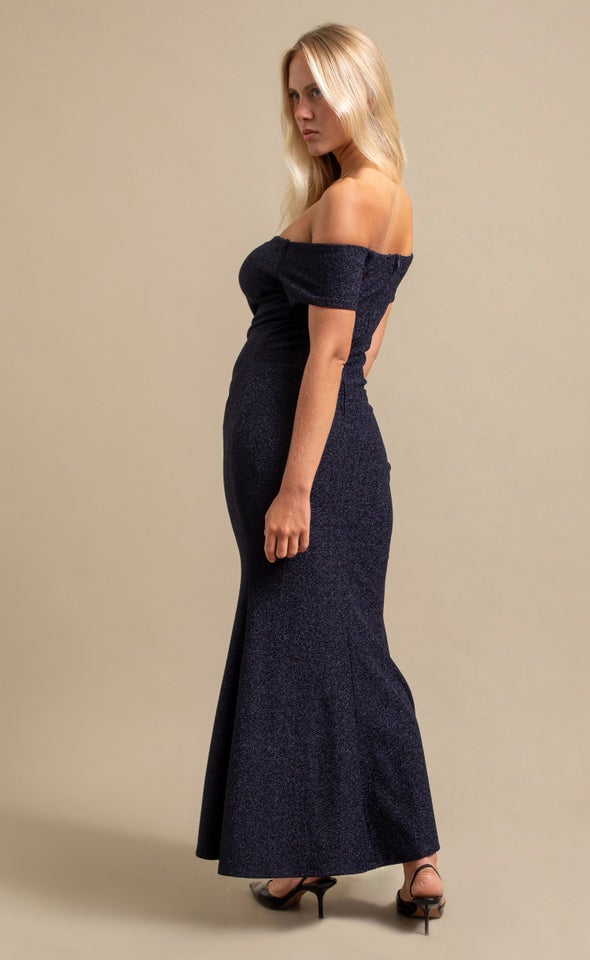 Glitter Knit Off The Shoulder Gown Navy