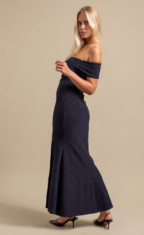 Glitter Knit Off The Shoulder Gown Navy