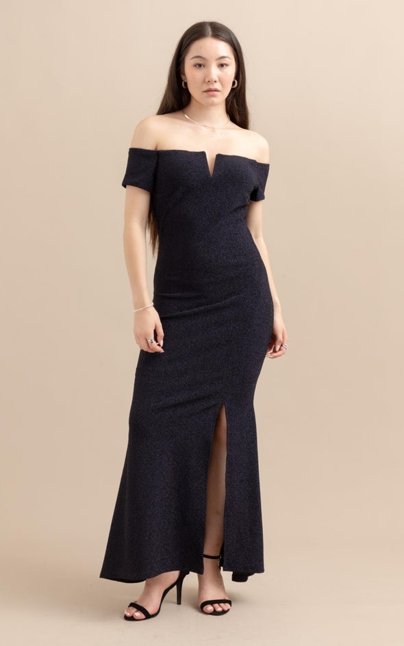 Glitter Knit Off The Shoulder Gown Navy