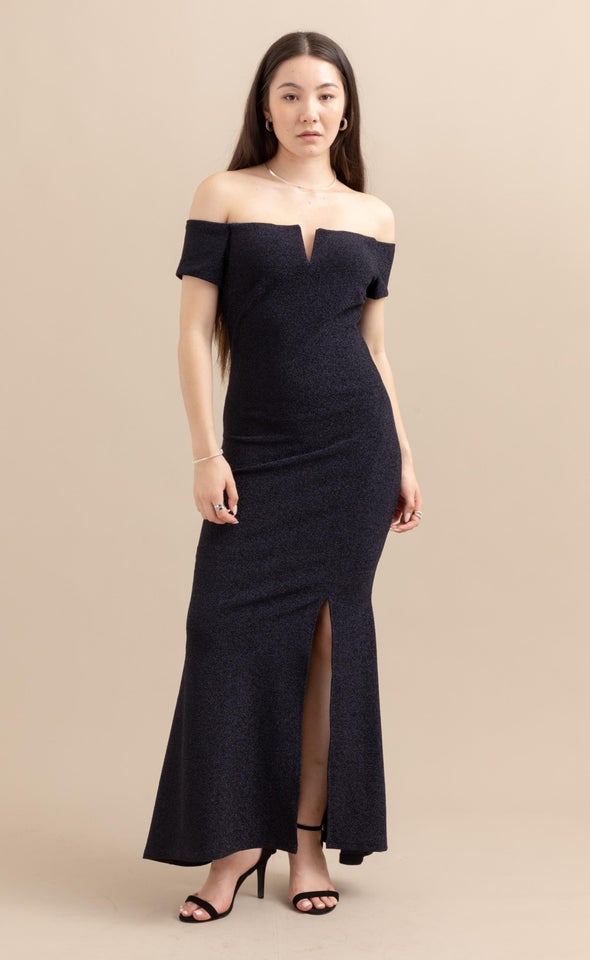 Glitter Knit Off The Shoulder Gown Navy