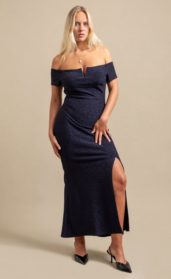 Glitter Knit Off The Shoulder Gown Navy