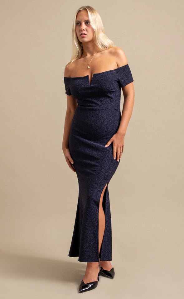 Glitter Knit Off The Shoulder Gown Navy