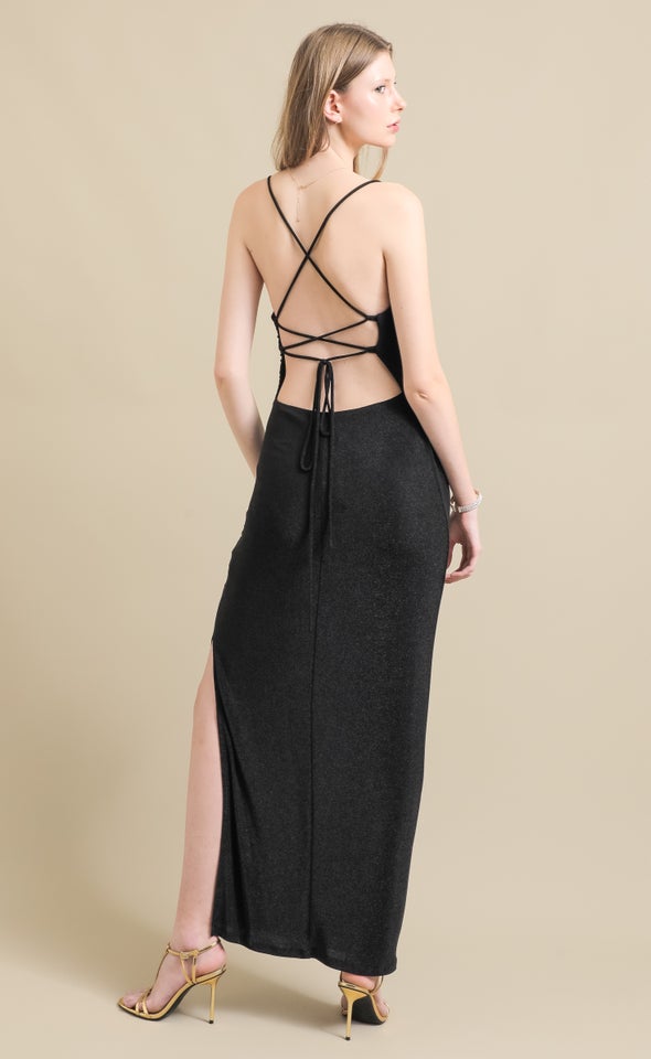 Glitter Knit Open Back Gown Black