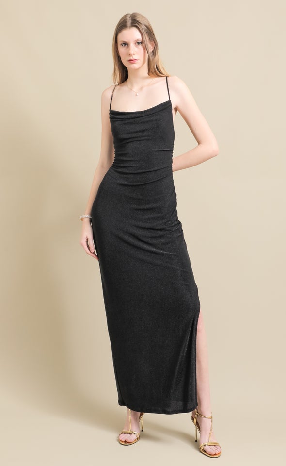 Glitter Knit Open Back Gown Black