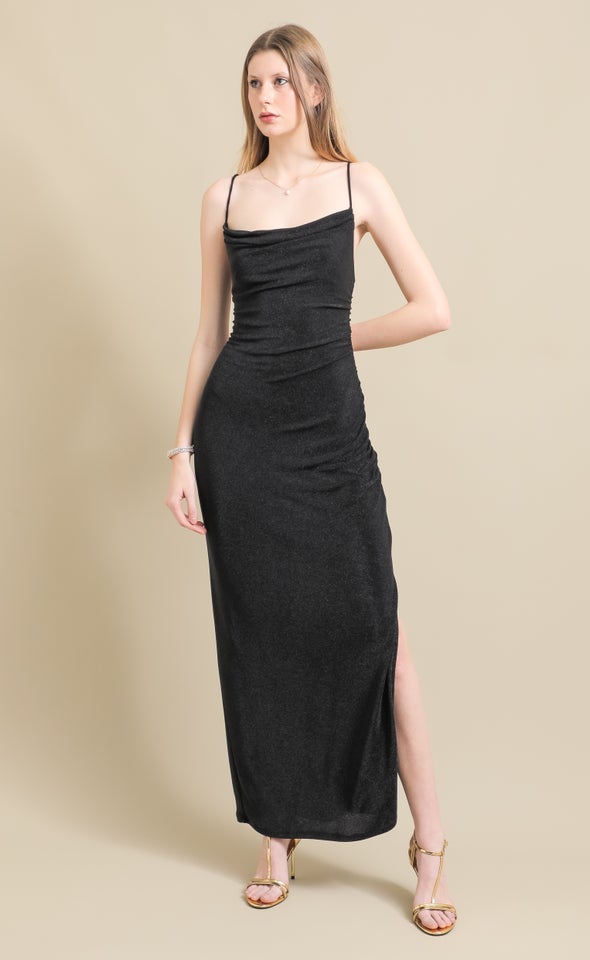 Glitter Knit Open Back Gown Black