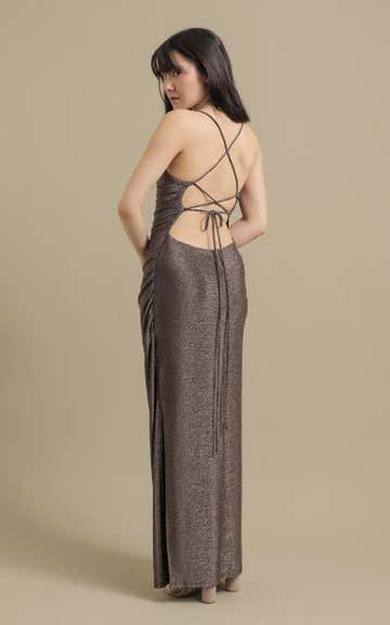 Shop our Glitter Knit Open Back Gown in Rose gold | Pagani