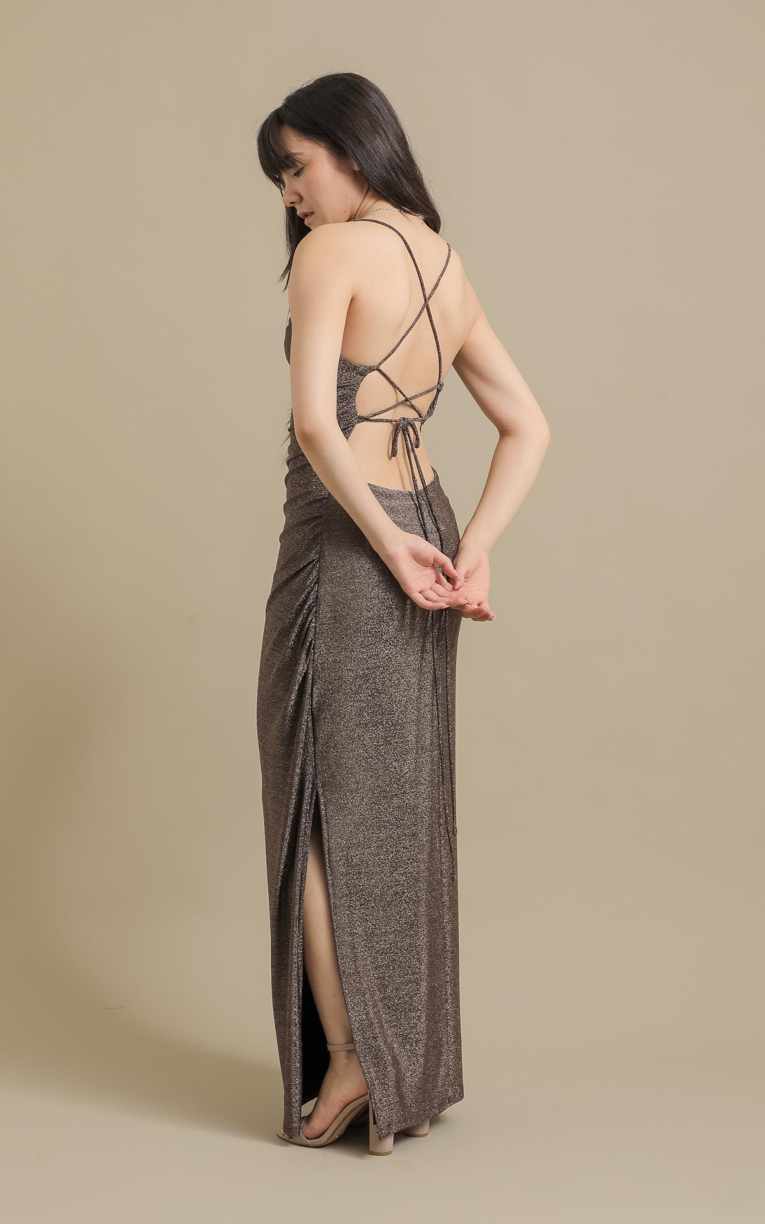 Shop our Glitter Knit Open Back Gown in Rose gold | Pagani