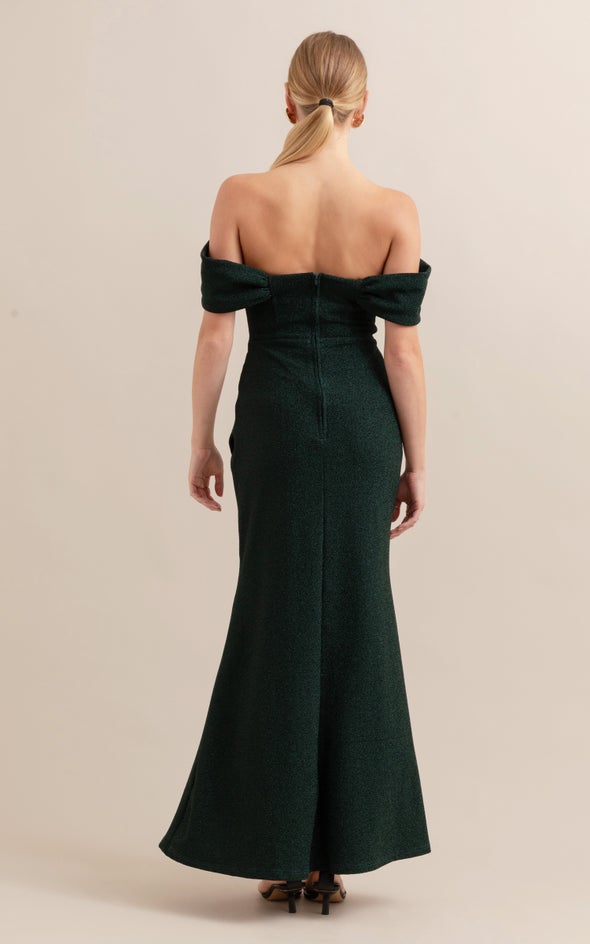 Glitter Knit Pleated Corset Gown Emerald