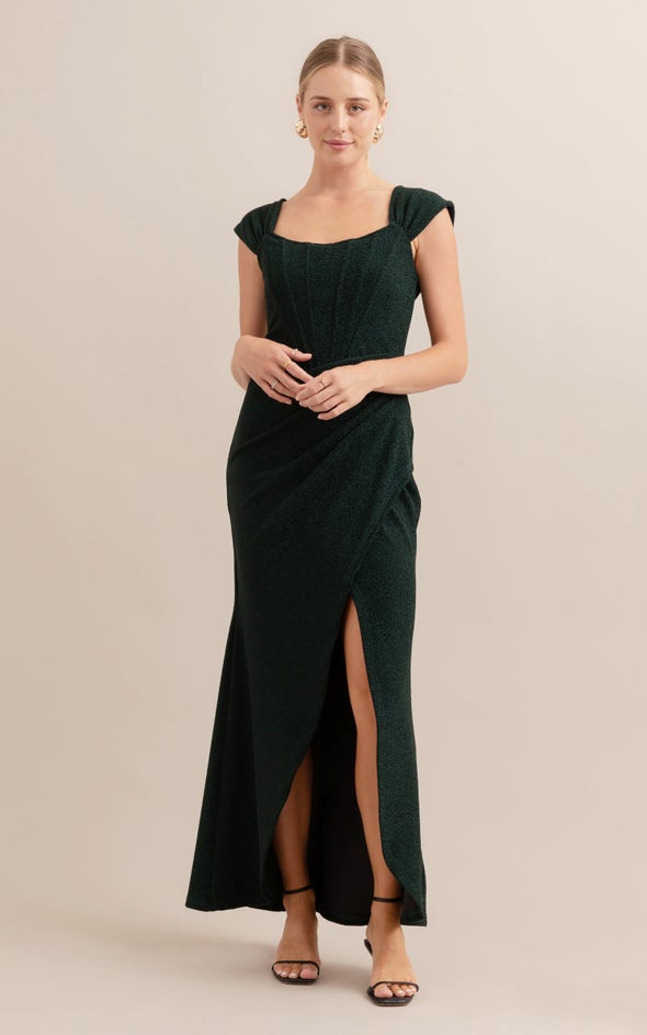 Glitter Knit Pleated Corset Gown Emerald