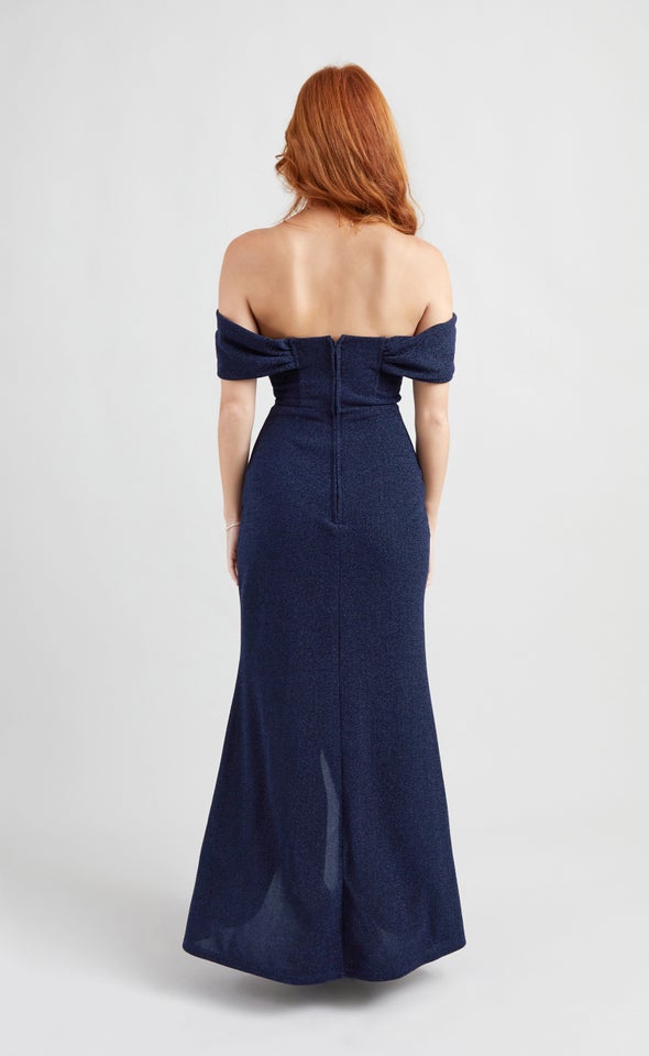 Glitter Knit Pleated Corset Gown Navy