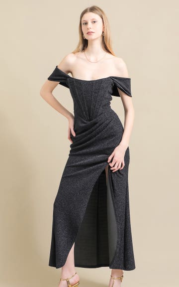 Shop our Glitter Knit Pleated Corset Gown in Navy | Pagani