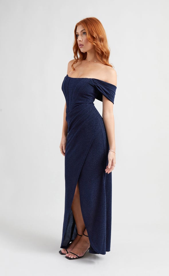Glitter Knit Pleated Corset Gown Navy