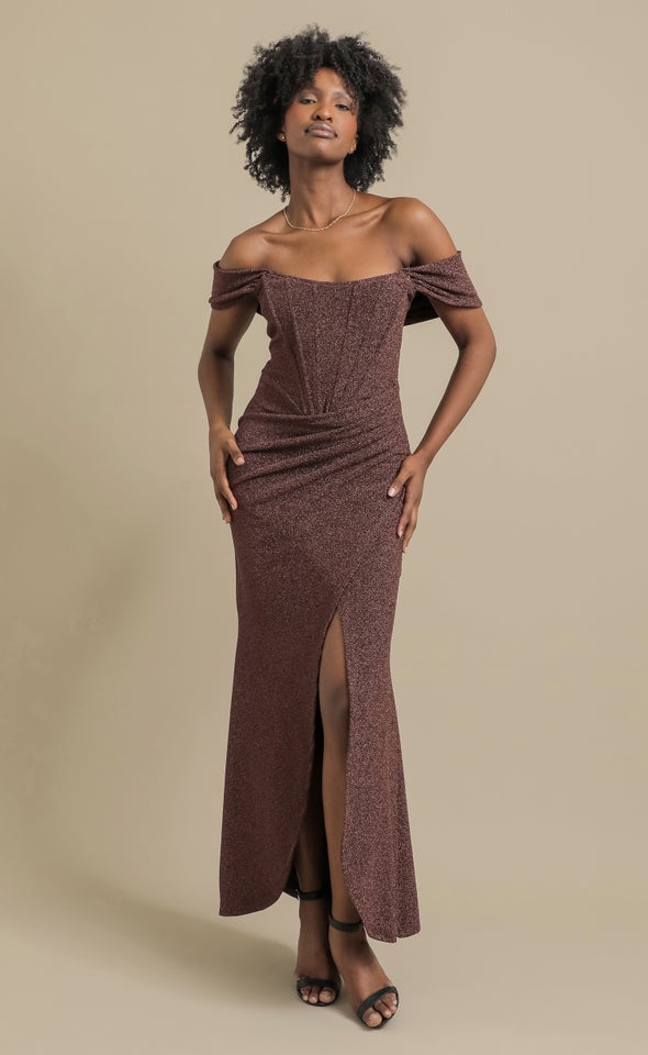 Glitter Knit Pleated Corset Gown Rose Gold