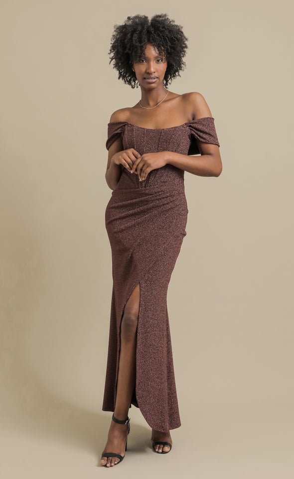 Glitter Knit Pleated Corset Gown Rose Gold