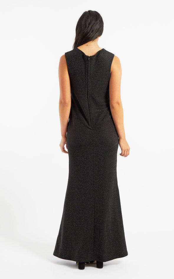 Glitter Knit Pleated Gown Black