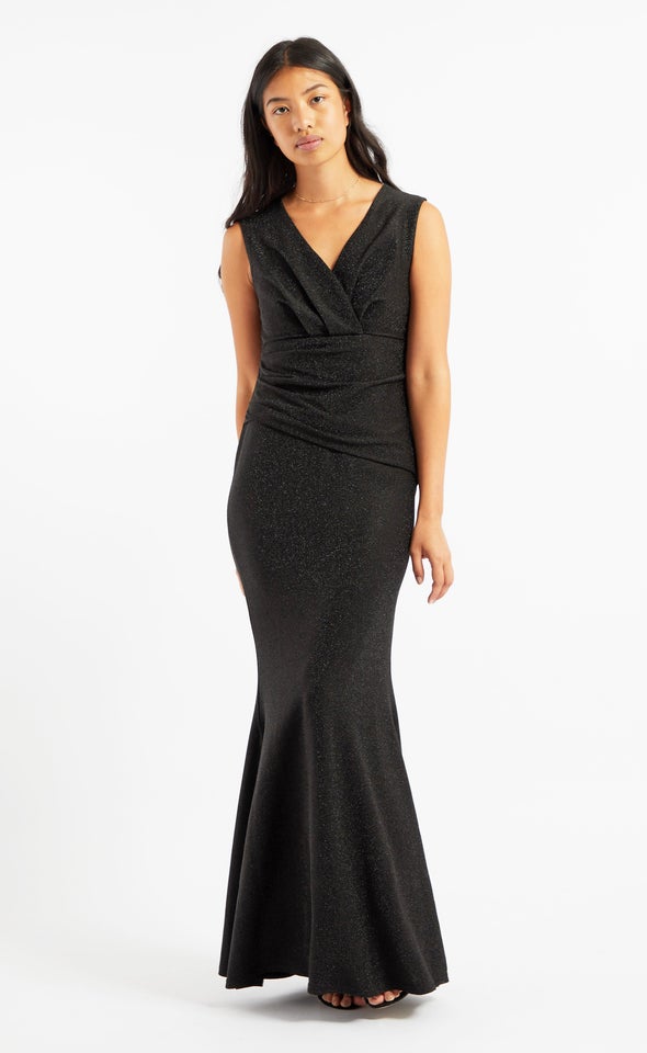 Glitter Knit Pleated Gown Black