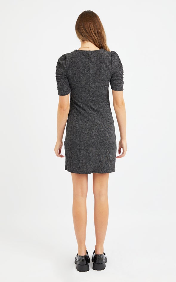 Glitter Knit Ruched Sleeve Dress Black/silver