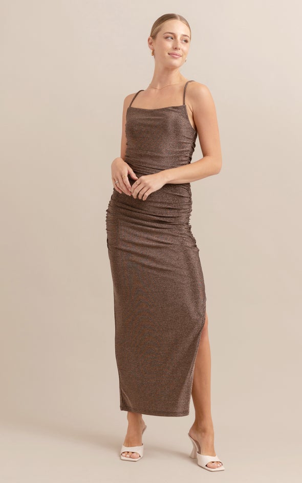 Glitter Knit Ruched Slip Gown Rose Gold