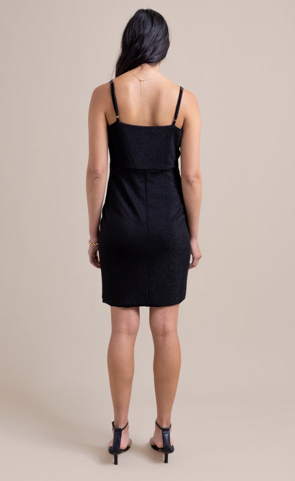 Glitter Knit Ruched Wrap Dress Black