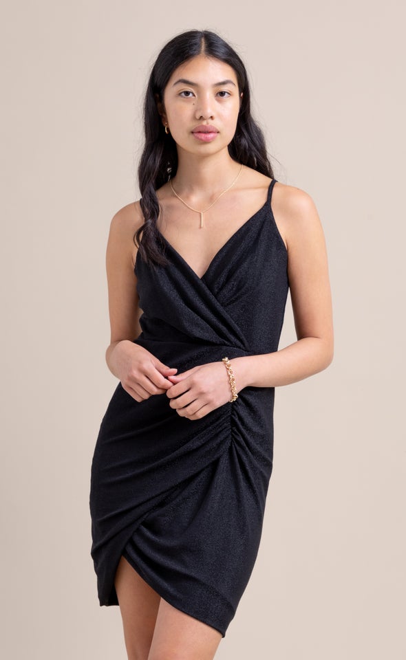 Glitter Knit Ruched Wrap Dress Black