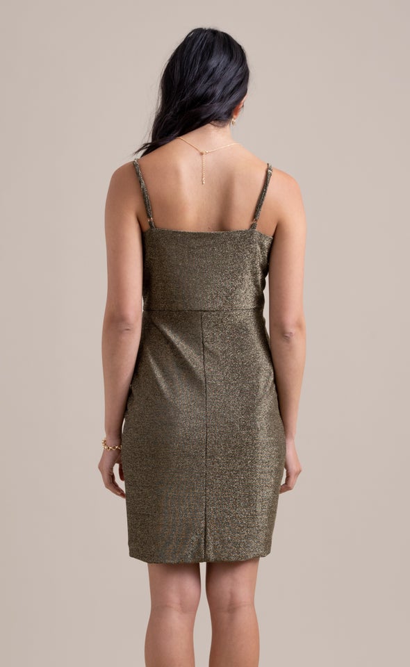 Glitter Knit Ruched Wrap Dress Gold
