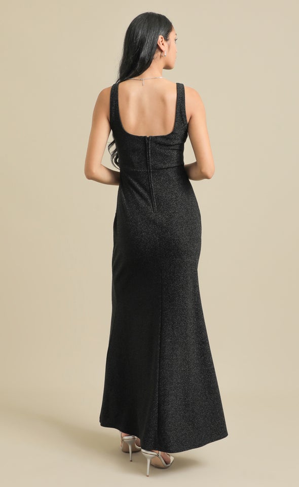 Glitter Knit Square Neck Corset Gown Black