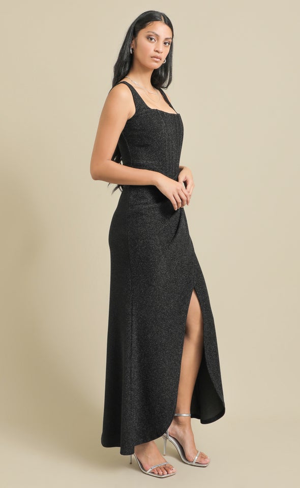 Glitter Knit Square Neck Corset Gown Black