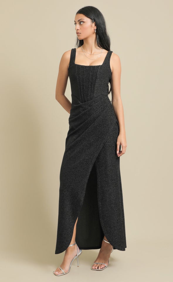 Glitter Knit Square Neck Corset Gown Black