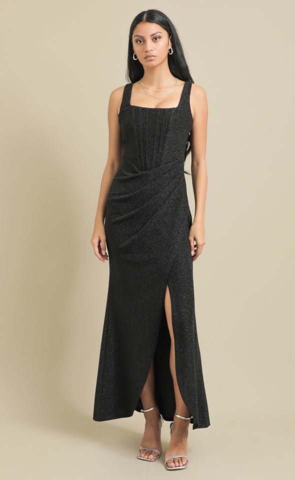 Glitter Knit Square Neck Corset Gown Black