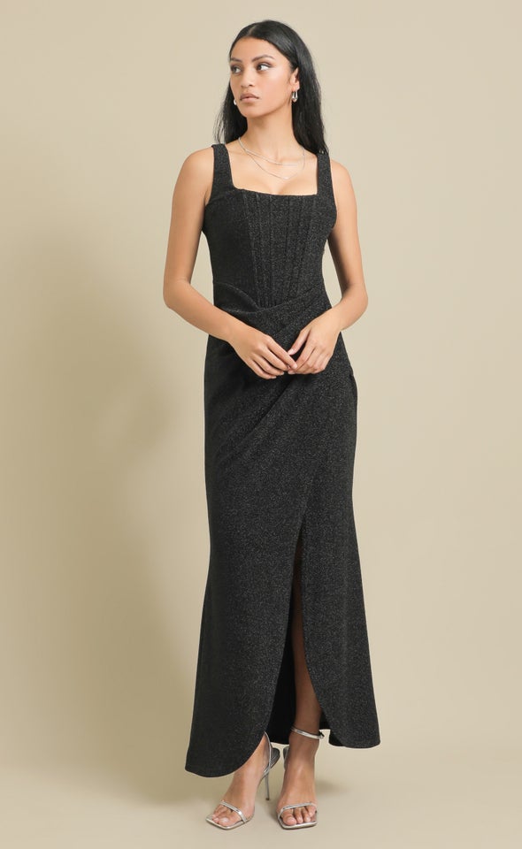 Glitter Knit Square Neck Corset Gown Black