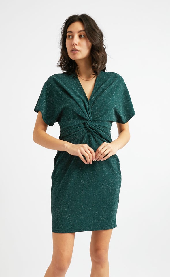 Glitter Knit Twist Detail Dress Emerald