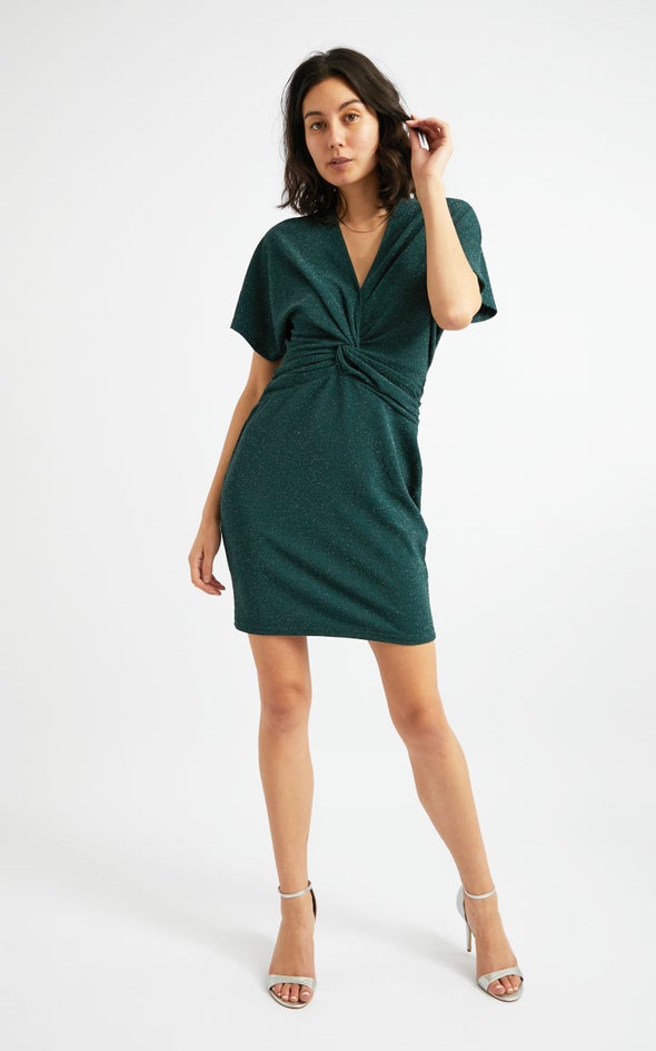 Glitter Knit Twist Detail Dress Emerald