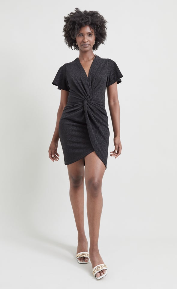 Glitter Knit Twist Wrap Dress Black